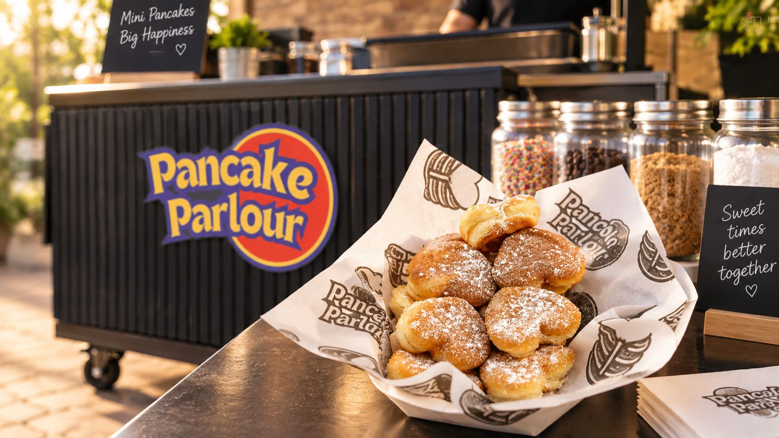 Fresh mini pancakes beside the branded cart